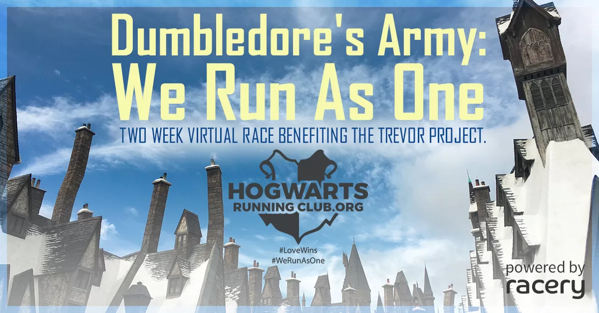 The starting placard for the Hogwarts Running Club's virtual race for the Trevor Project charity
