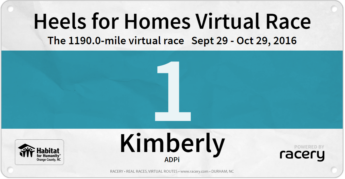 Heels for Homes Virtual Race - Kimberly Race Bib