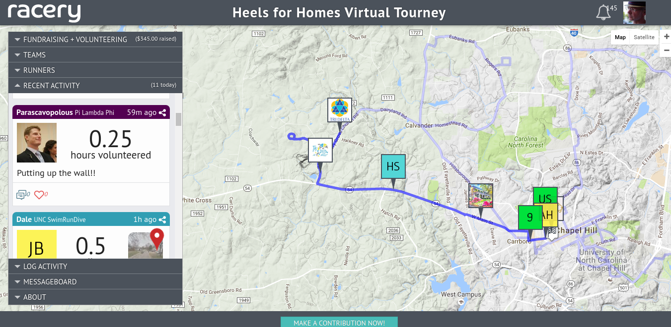 First Volunteer Hours Heels for Homes Virtual Tourney powered by Racery Recent Activity  11 today