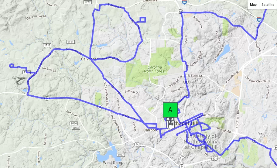 The Chapel Hill portion of the virtual route passes many campus organizations, as well as Habitat home sites in Orange County.