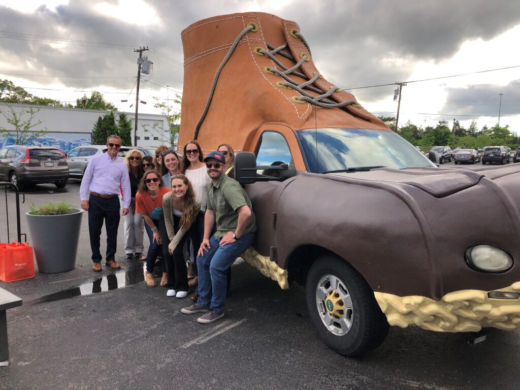 Before last year's challenge, roughly 40 participants got together for beverages and a pose with the LL Bean Bootmobile. 