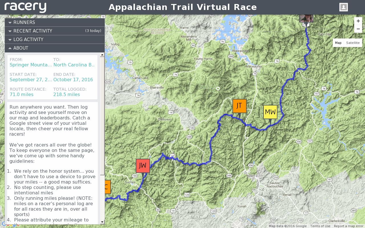 Appalachian Trail Virtual Race powered by Racery