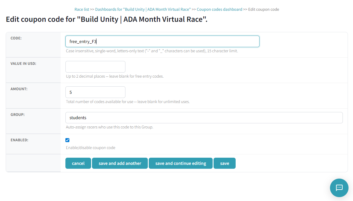 Free entry coupon example with Value in USD left blank
